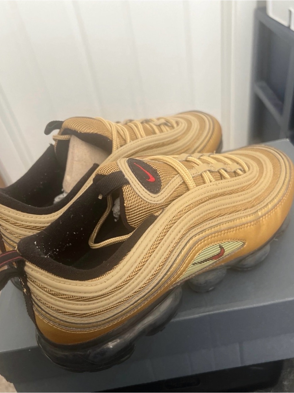 Nike Metallic Gold and Black Air-Style Sneakers with Red Swoosh